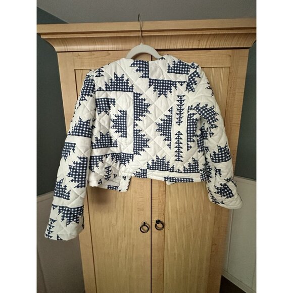 CAROLINE CONSTAS White/Blue Gingham Quilted Linen Blend Jacket Sz Small NWT $395 - Picture 7 of 8